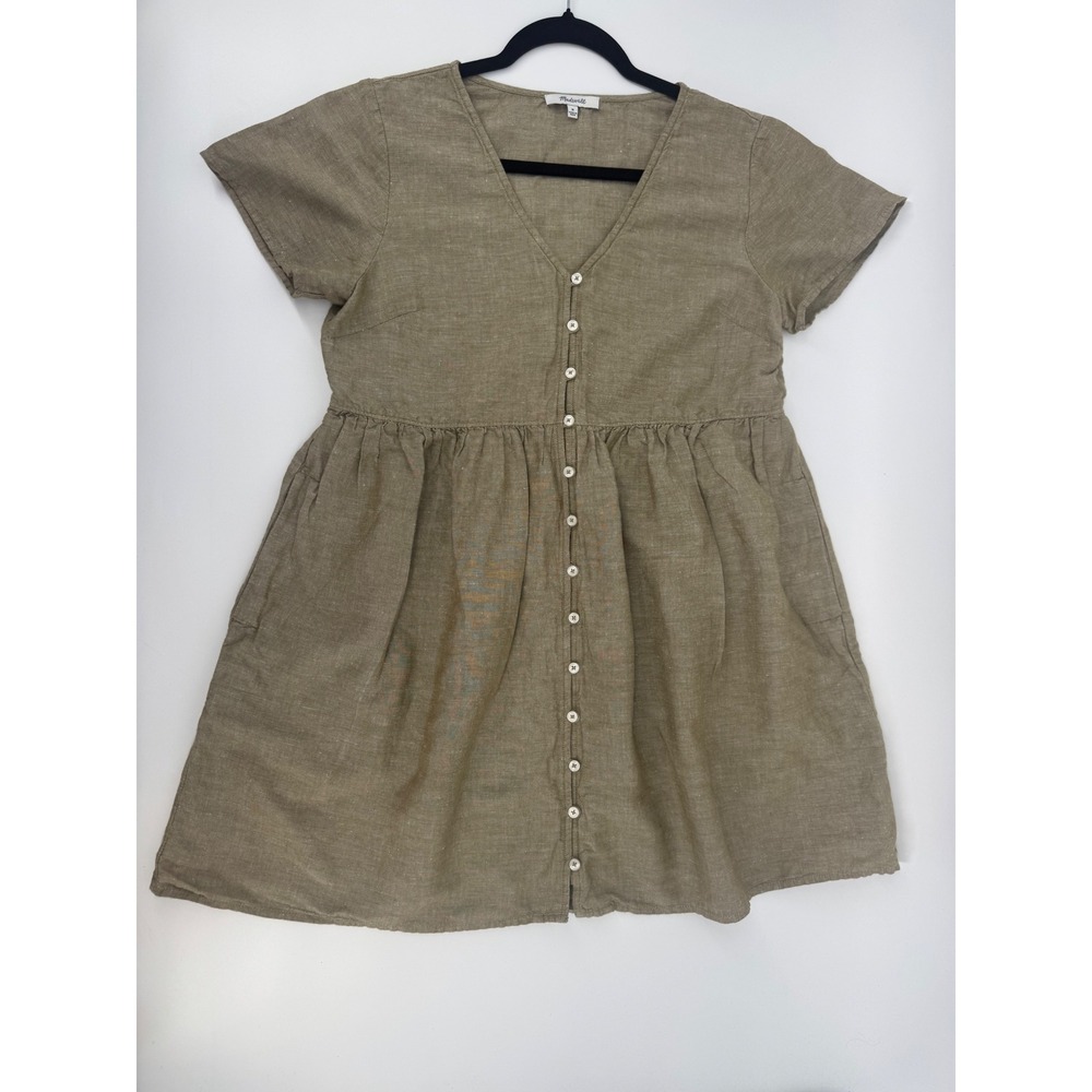 Madewell Button Front Linen Blend Alexandra Babydoll Mini Dress Green Size M